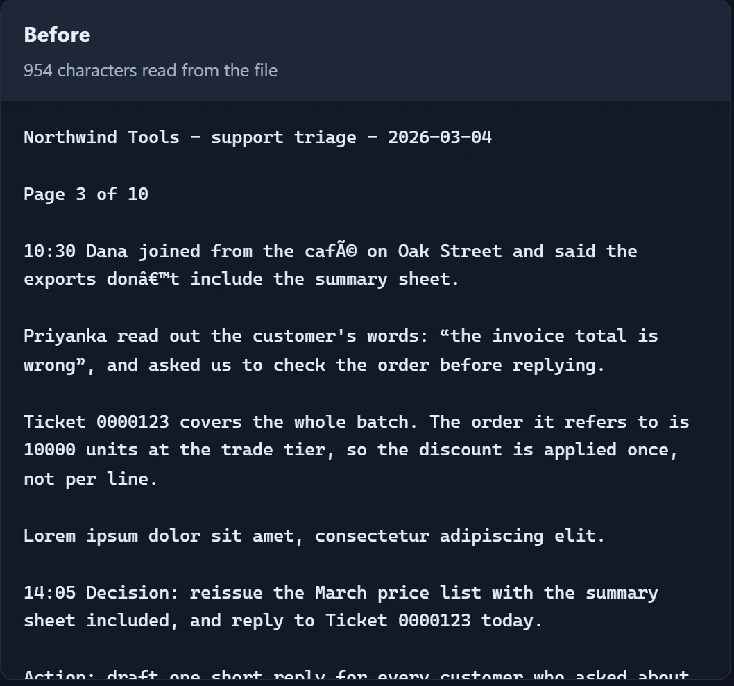 Before: meeting-notes.txt as it was read, with Page 3 of 10 and placeholder text